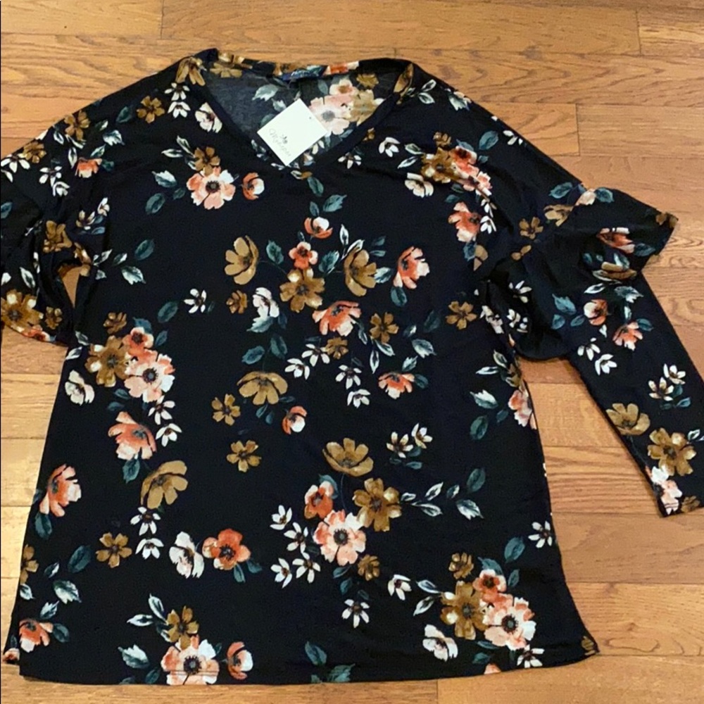Myesper 2XL Floral Long Ruffle Sleeve Blouse